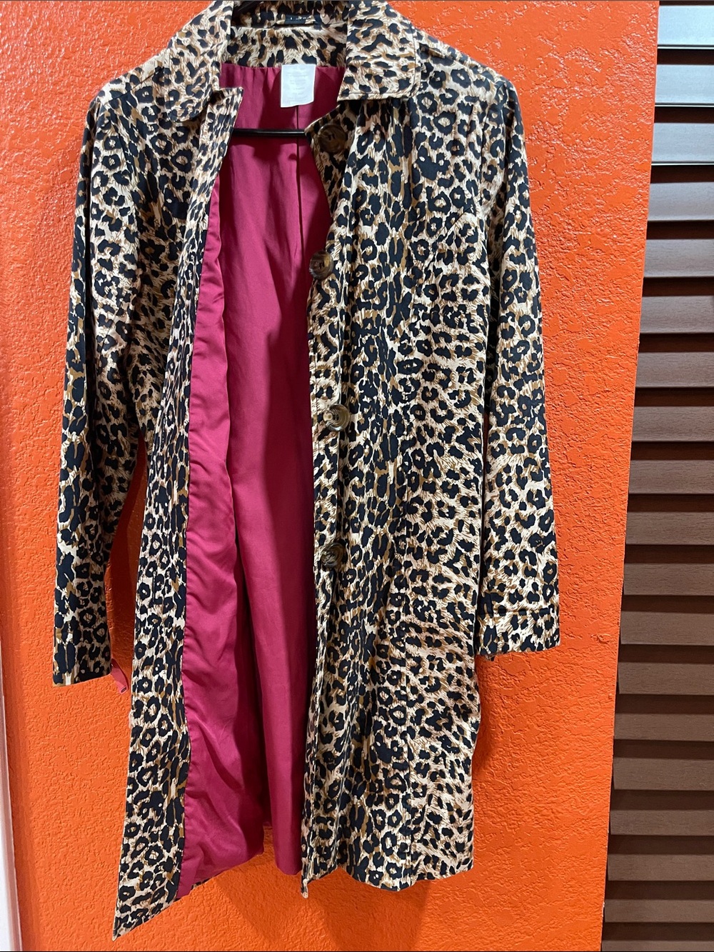 Leopard Print Trench Coat with Magenta Lining
Size XS / more like a small/ med